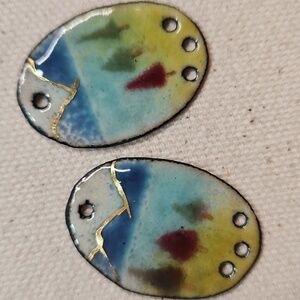 Handcrafted Enamel Mountain Scene Earring   Charms 4 Holes Each Real Gold Detail